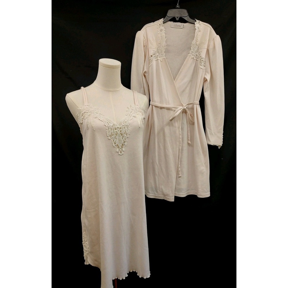 80's Verena Vintage Robe & Nightgown Chemise Set Light Pink Cotton USA Made Sz S